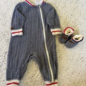 Juddlies Set Cottage Stye Blue and Red One Piece With Slippers Size 3-6m